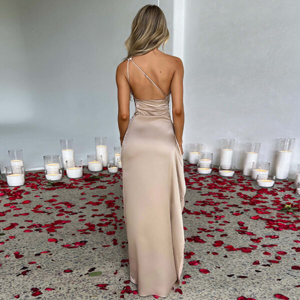 Sexy One-shoulder Backless Split Dress Summer Elegant Slim-fit Solid Color Satin Dresses For Women - Image 3